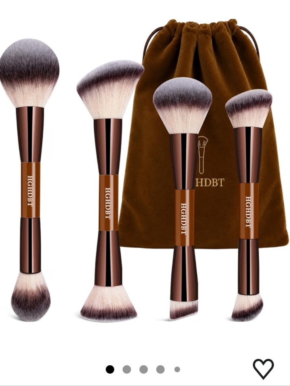 Brown Double-Ended Foundation Makeup Brushes Set Professional with Case 5Pc